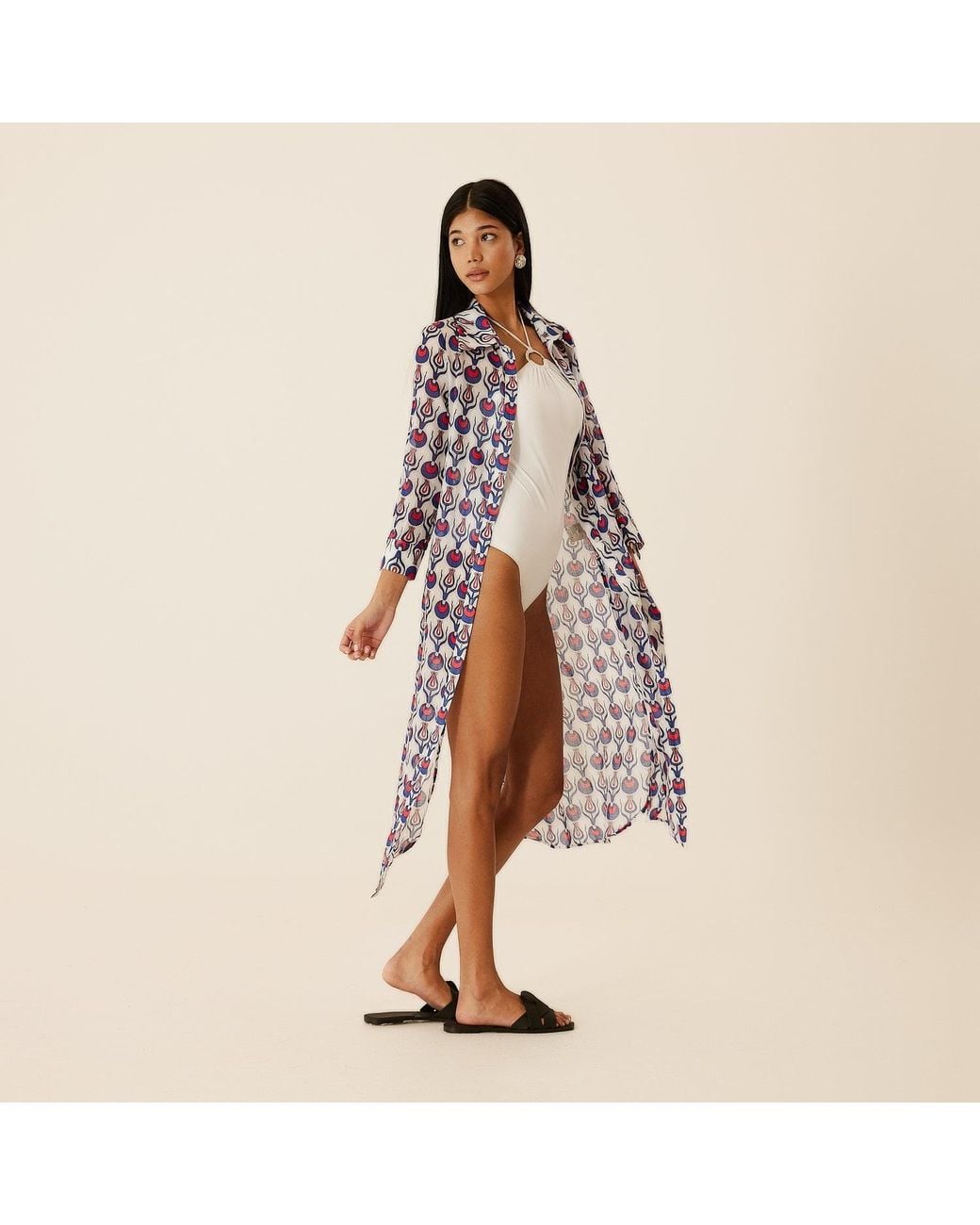 N'Onat Blue Boho Casual Button Down Shirt Dress With Evil-Eye Charm