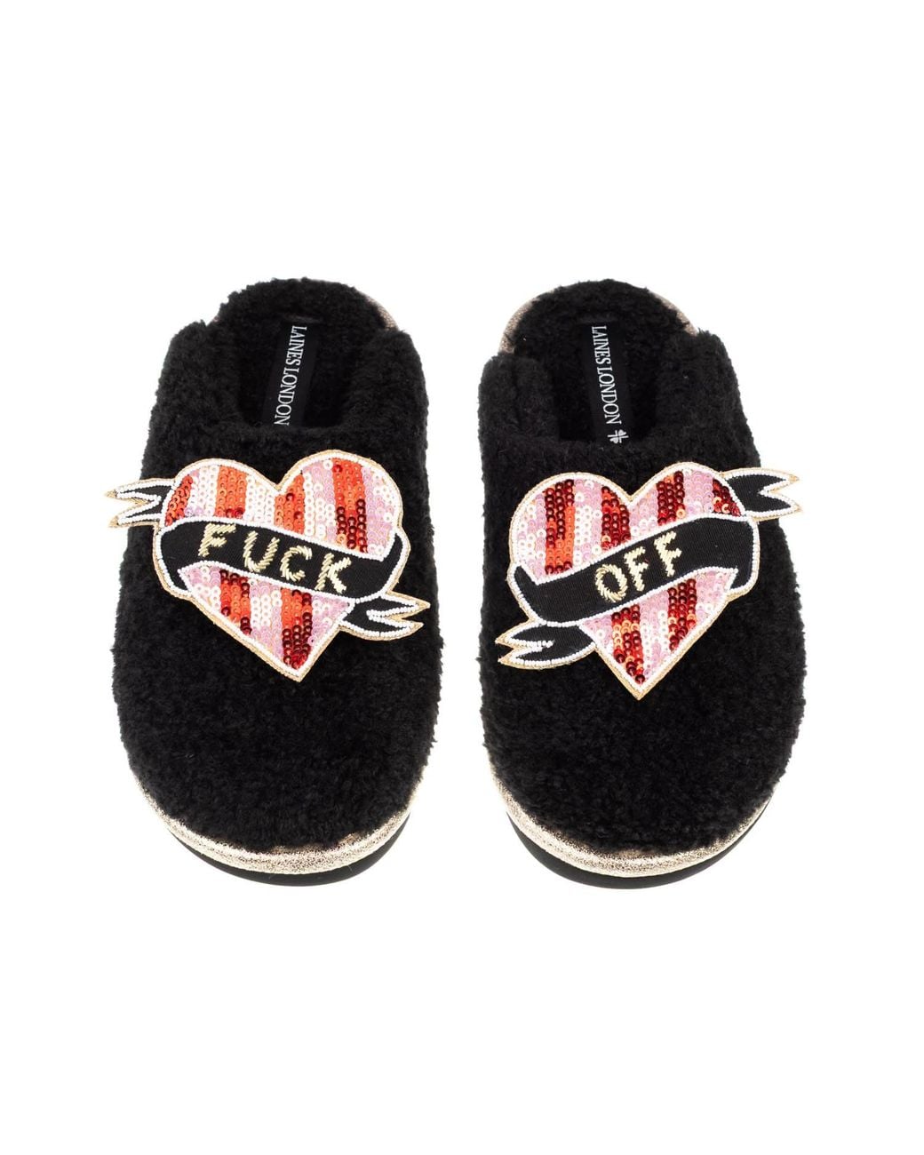 Laines London Black Teddy Closed Toe Slippers With & Stripe Heart Fuck Off Brooches