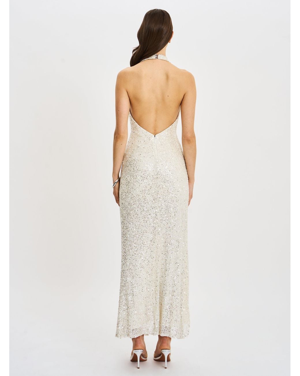 Miss Circle New York White Niamh Golden Beaded Cowl Halter Backless Maxi Dress