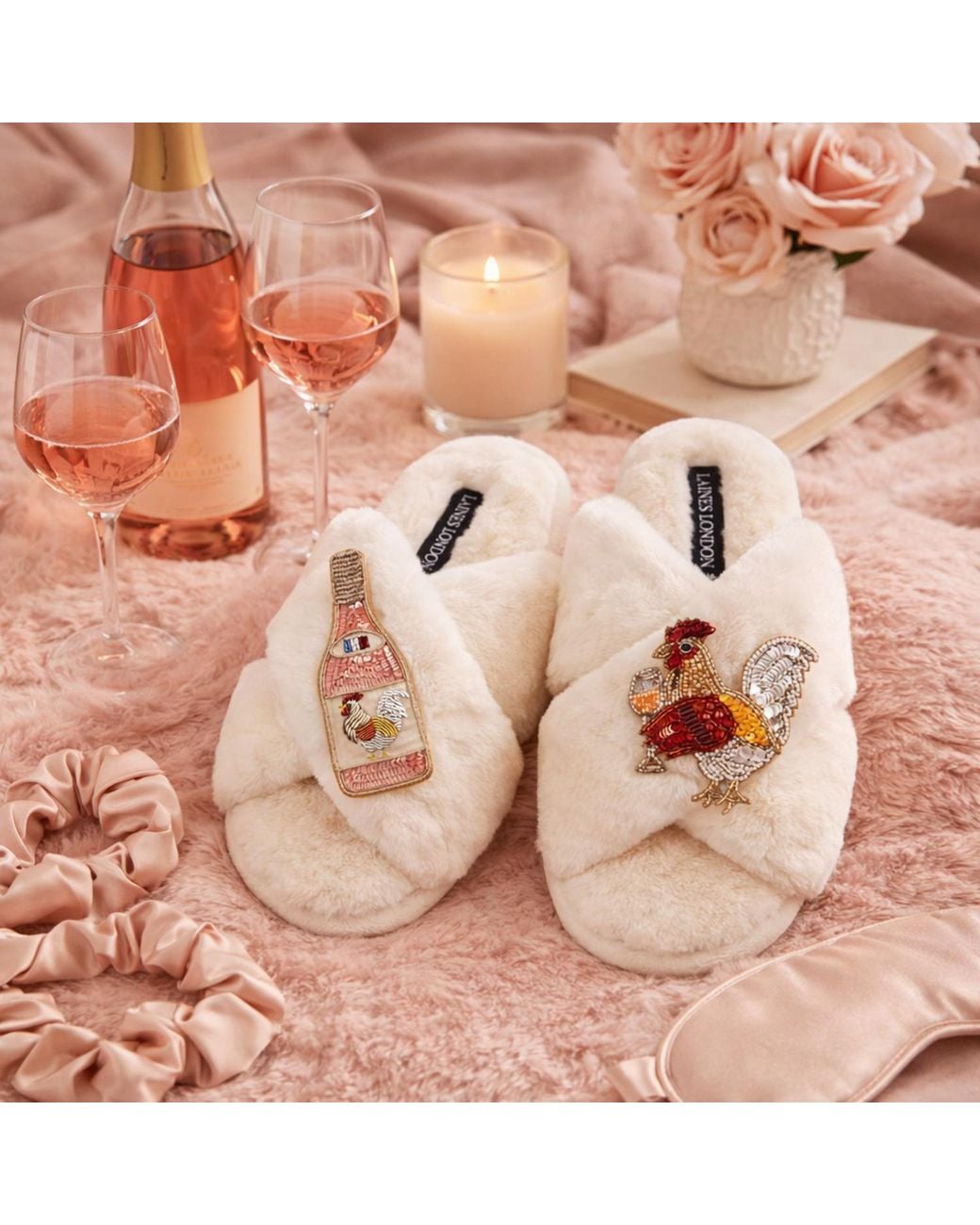 Laines London White Neutrals Classic Laines Slippers With Chicken Wine Brooches