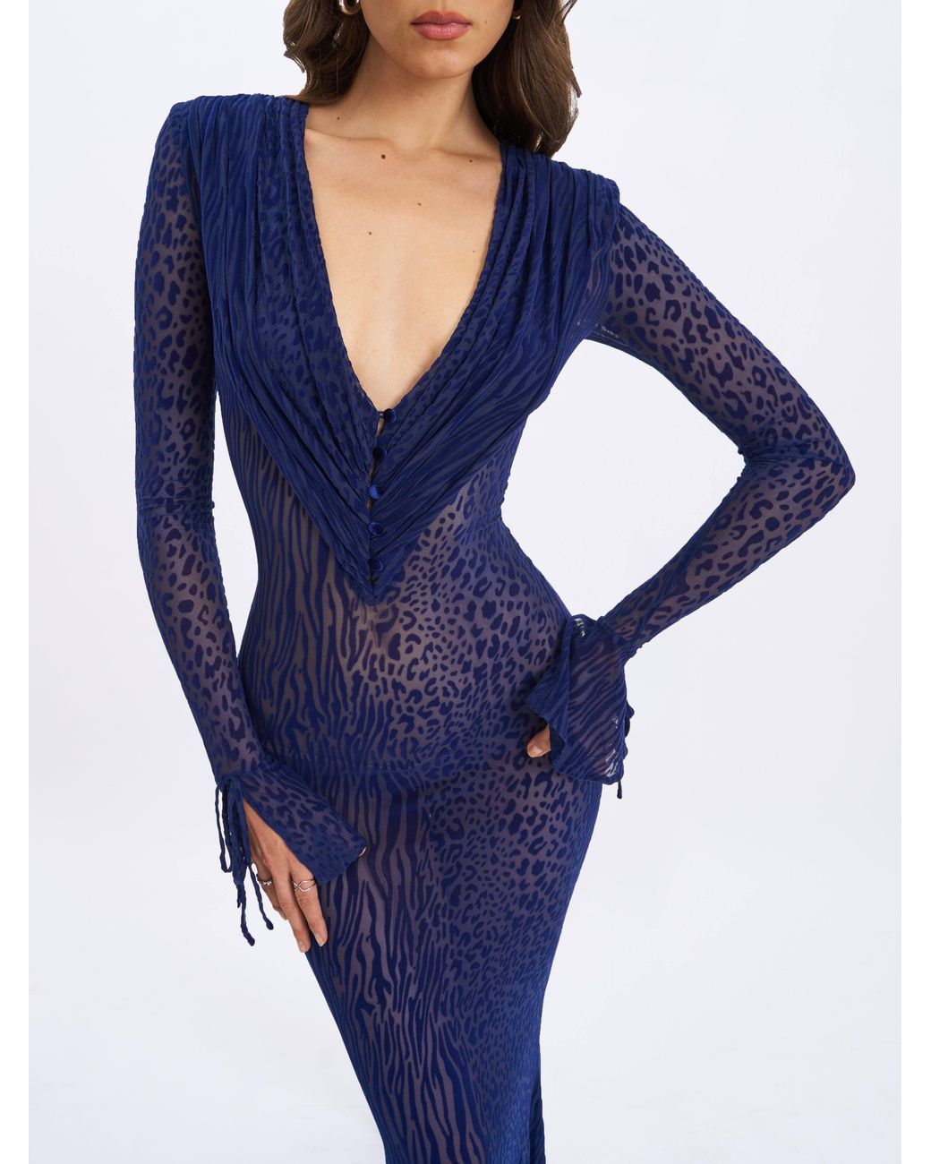 Miss Circle New York Blue Ilyse V-Neck Plunge Animal Print Mermaid Hem Maxi Dress