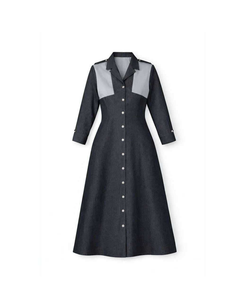 House of Gl Blue Hematite Dark Wash Denim A-Line Midi Shirt Dress With Contrast Cotton Panels