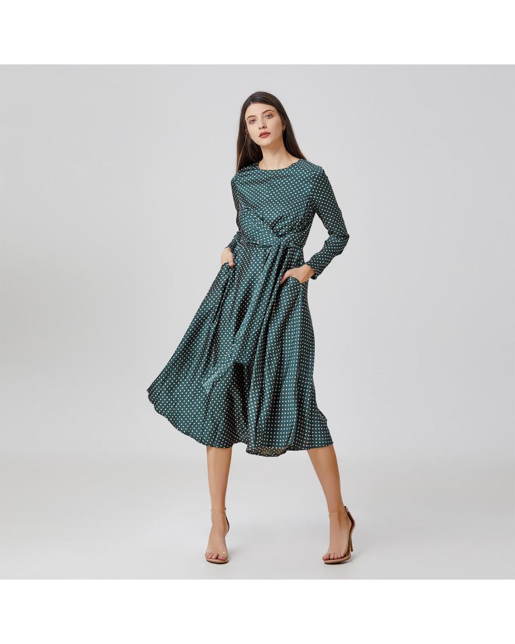 Smart and Joy Black Flared Printed Satin Dress With Side Knotted Panel