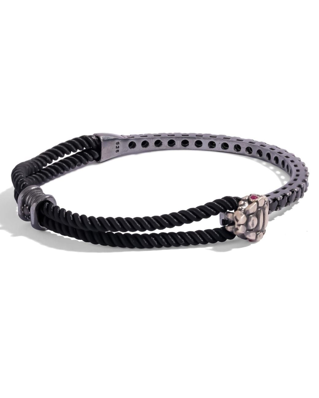 Ebru Jewelry Blue Ruby Eye Snake Diamond Oxidized Sterling Cord Bracelet for men