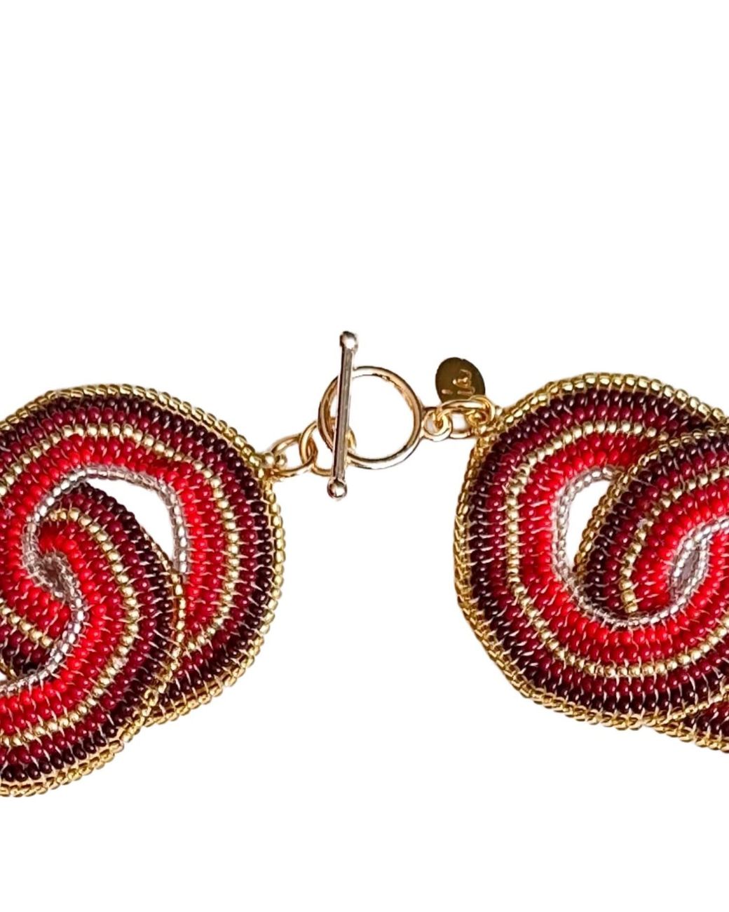 Iliana Arrazola Red Crisscrossed Circle Necklace, Glass Beads, Beaded Jewelry