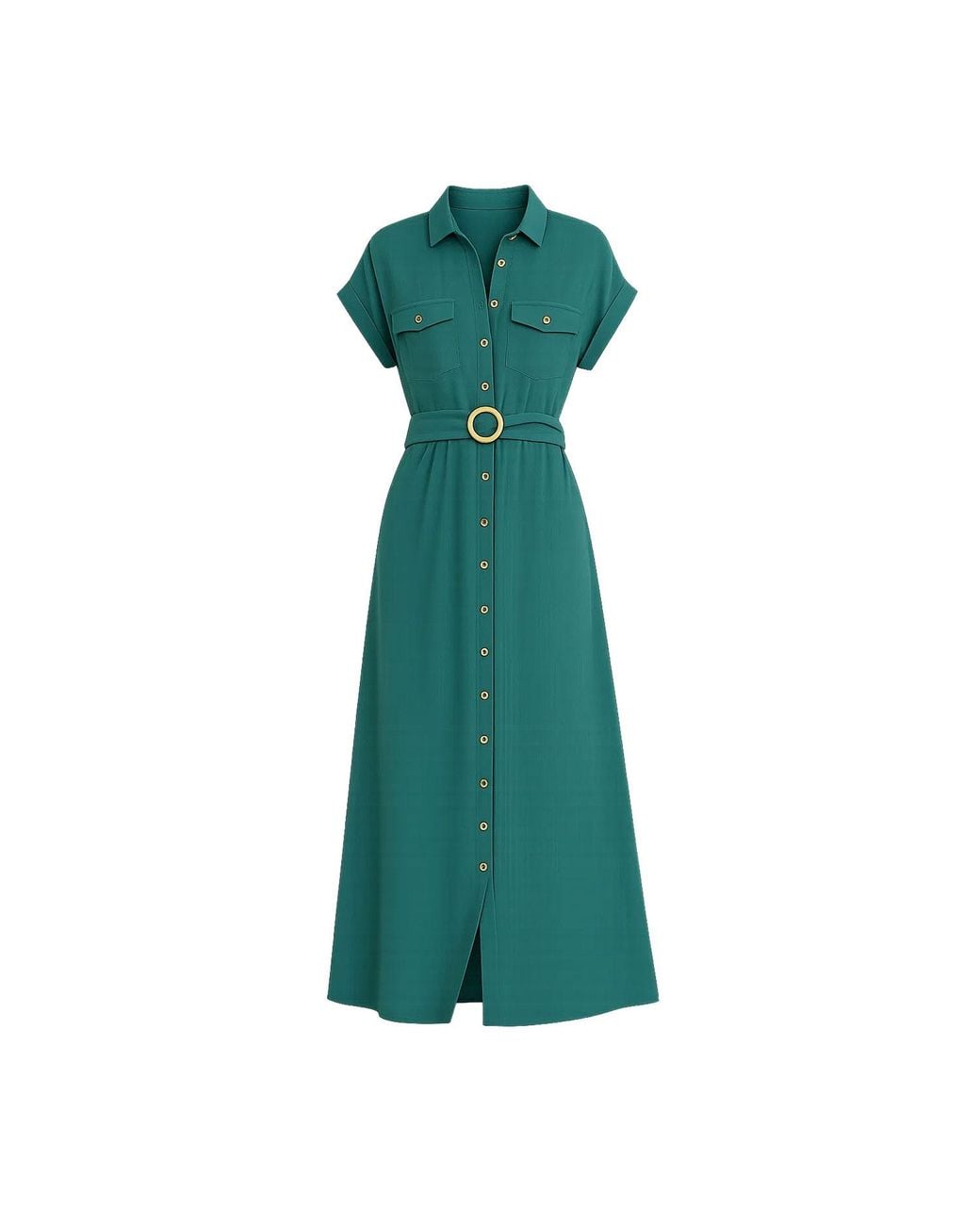 Yumi' Green Viscose Midi Shirt Dress With Wooden Belt