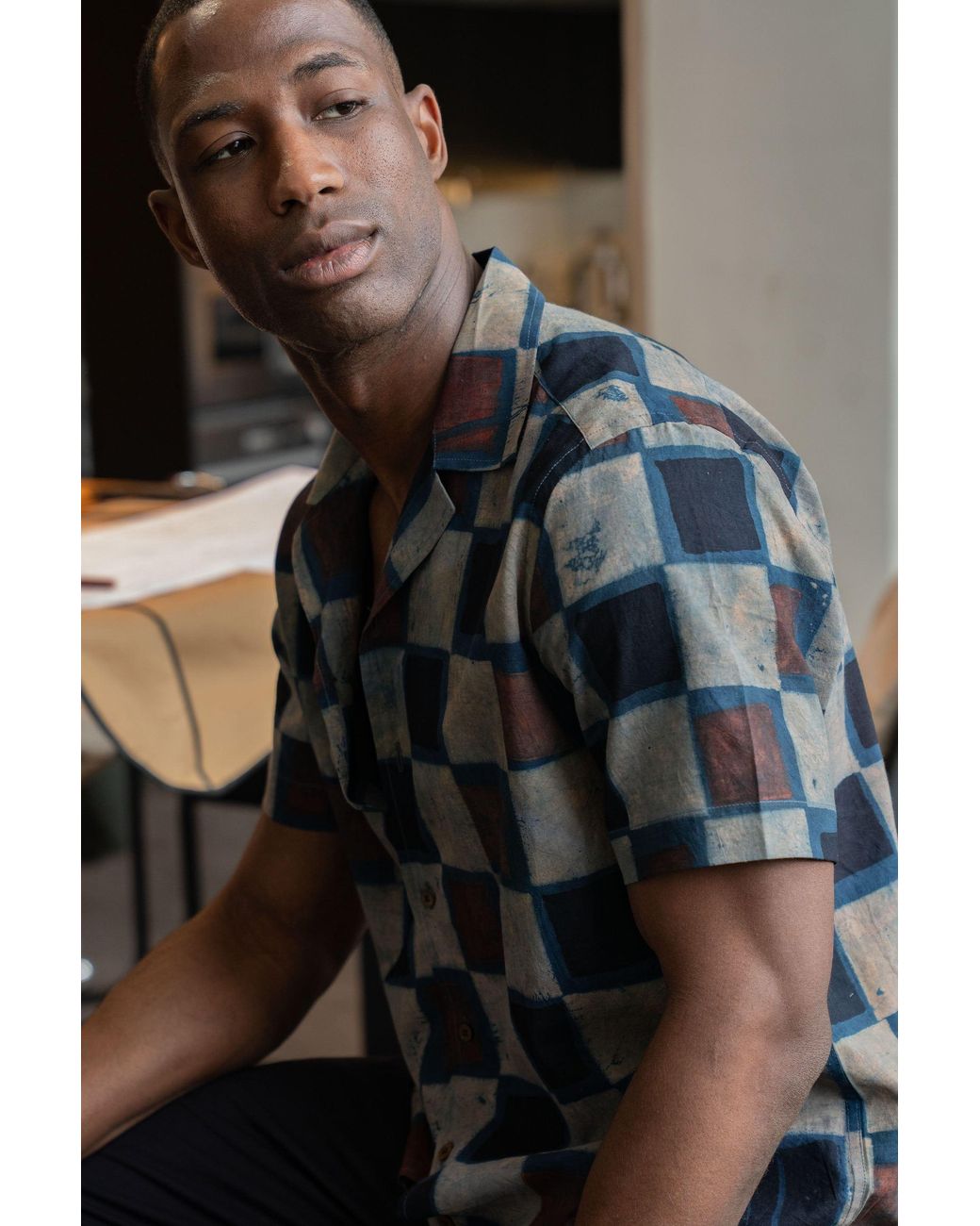 Stovaria Black Camp Collar Half Sleeve Organic Cotton Shirt With Natural Dye Handblock Squares for men