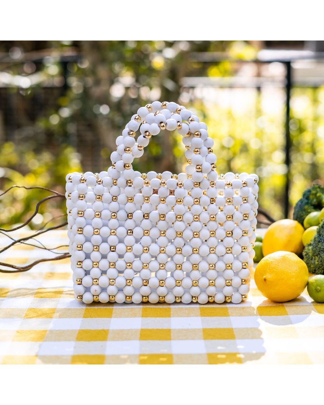 Belyed Handcraft White Bayda –Handmade Summer Wooden Bead Handbag By Belyed