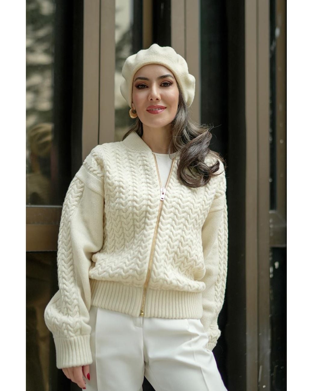 Peraluna Natural Dover Cable Knit Bomber Jacket