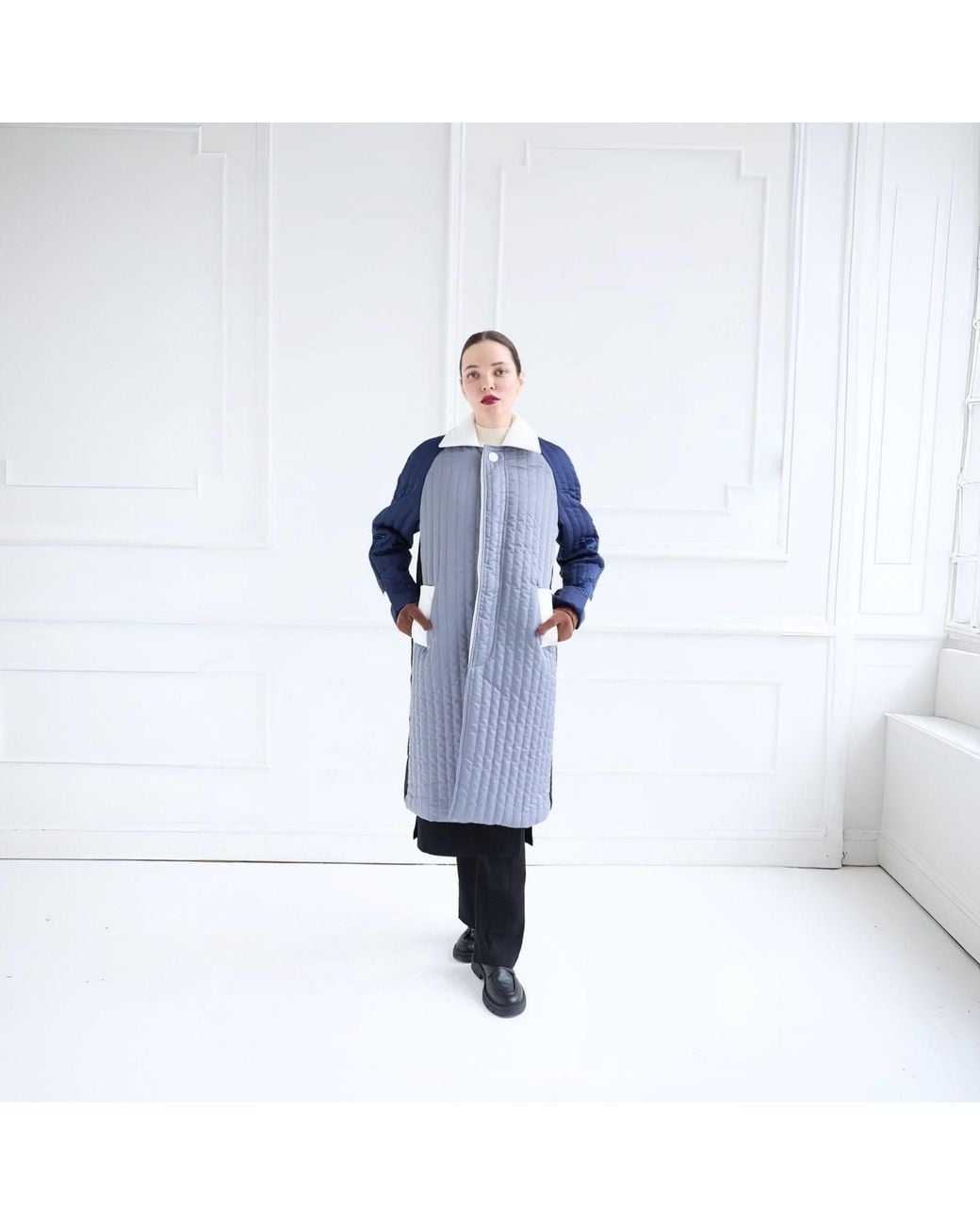 London Atelier Byproduct Blue Patchwork Colour Block Quilt Long Jacket