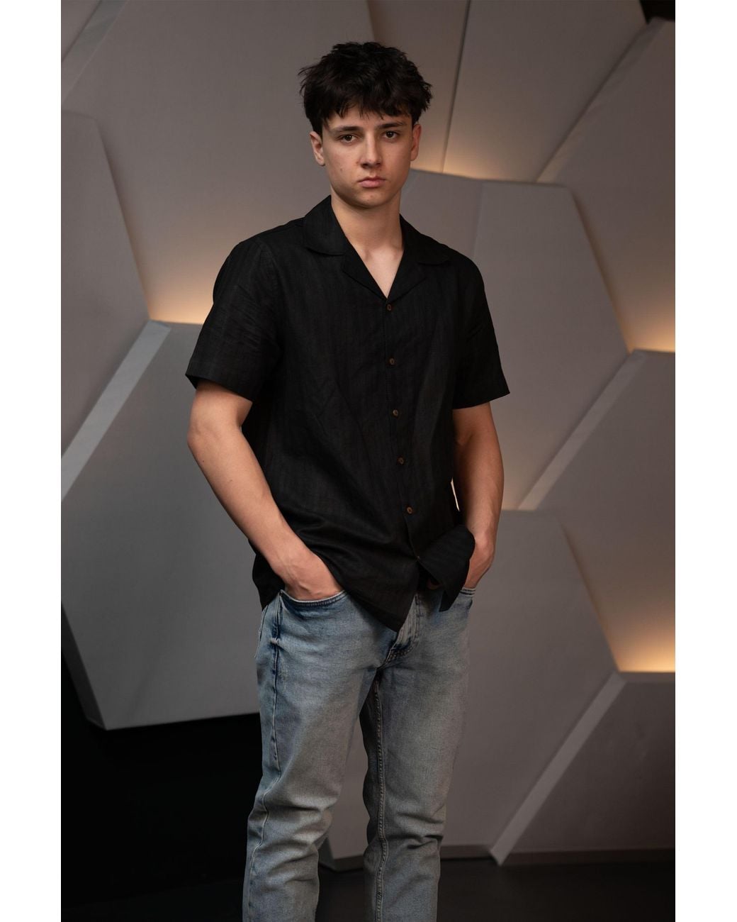Stovaria Black Handwoven Hemp Camp Collar Shirt With Natural Dye for men