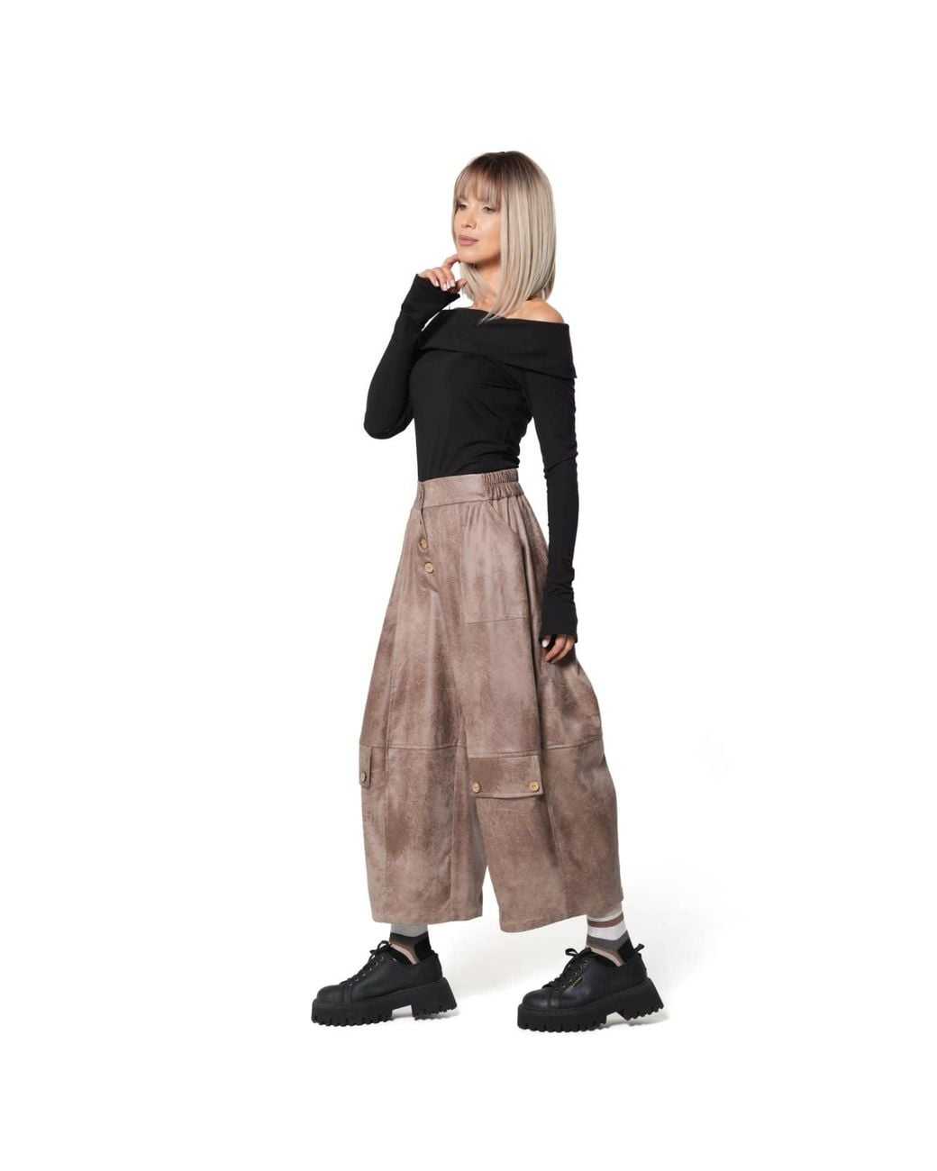 Metamorph Brown Wide-Leg Faux Suede Trousers With Buttons