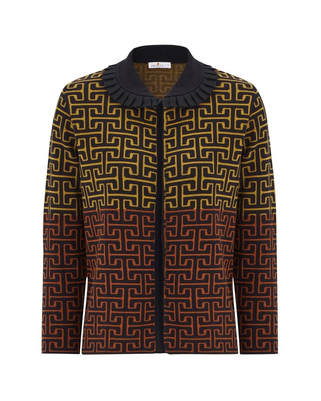 Peraluna Brown 3/4 Sleeve Geometric Jacquard Patterned Knitwear Jacket