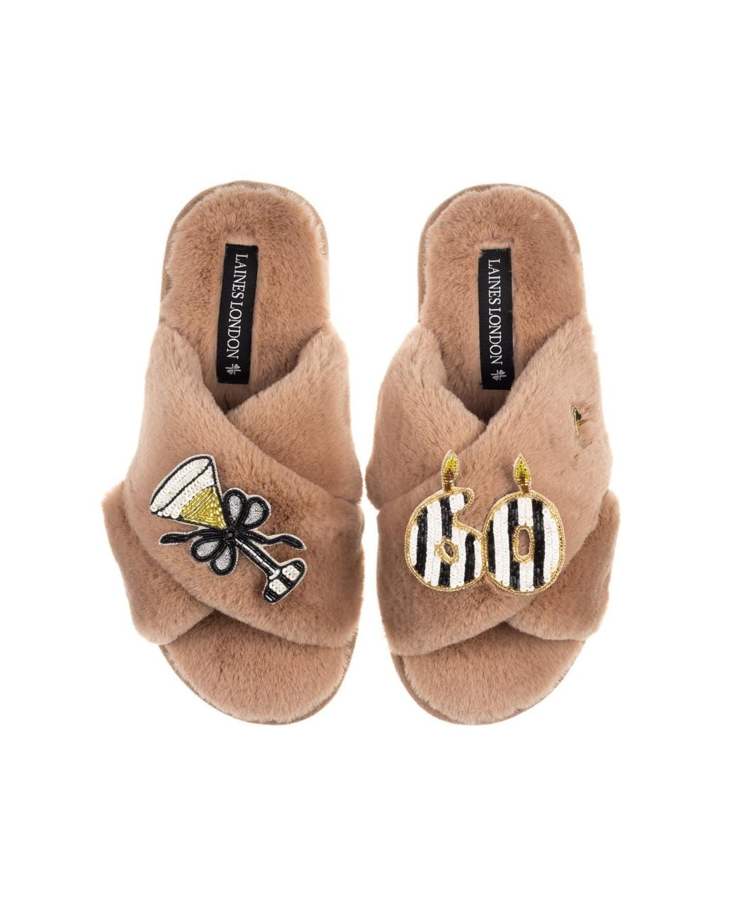 Laines London Brown Classic Laines Slippers With Stripe 60Th Birthday & Glass Of Champagne Brooches
