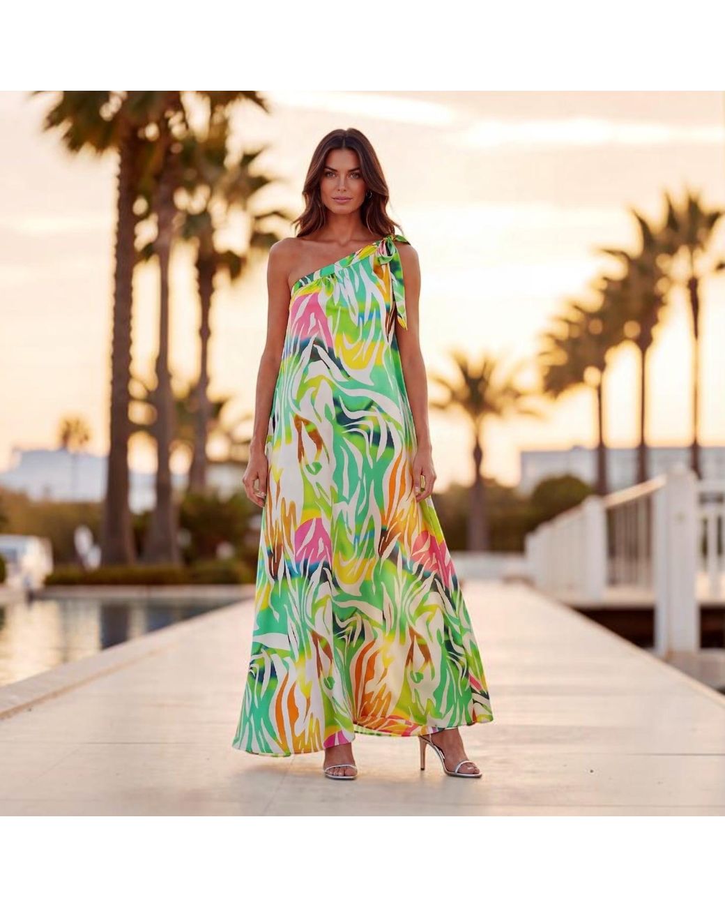 Belyed Handcraft Green Palmera – Silk Crepe Maxi Dress By Belyed