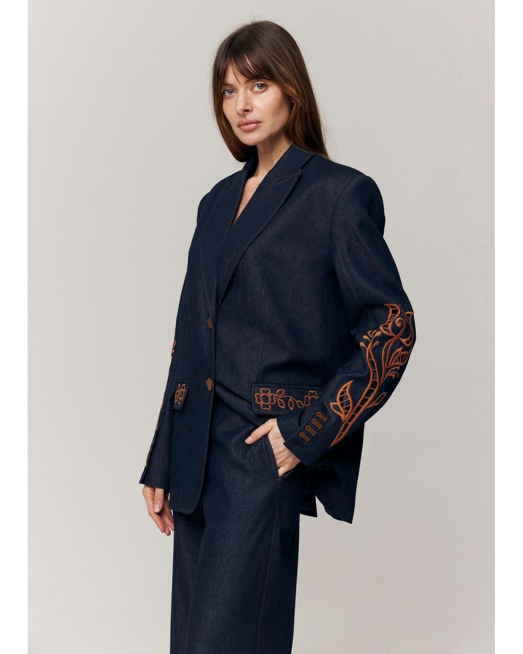 Annabo Blue Velvet Rose Embroidered Denim Wide-Leg Pants