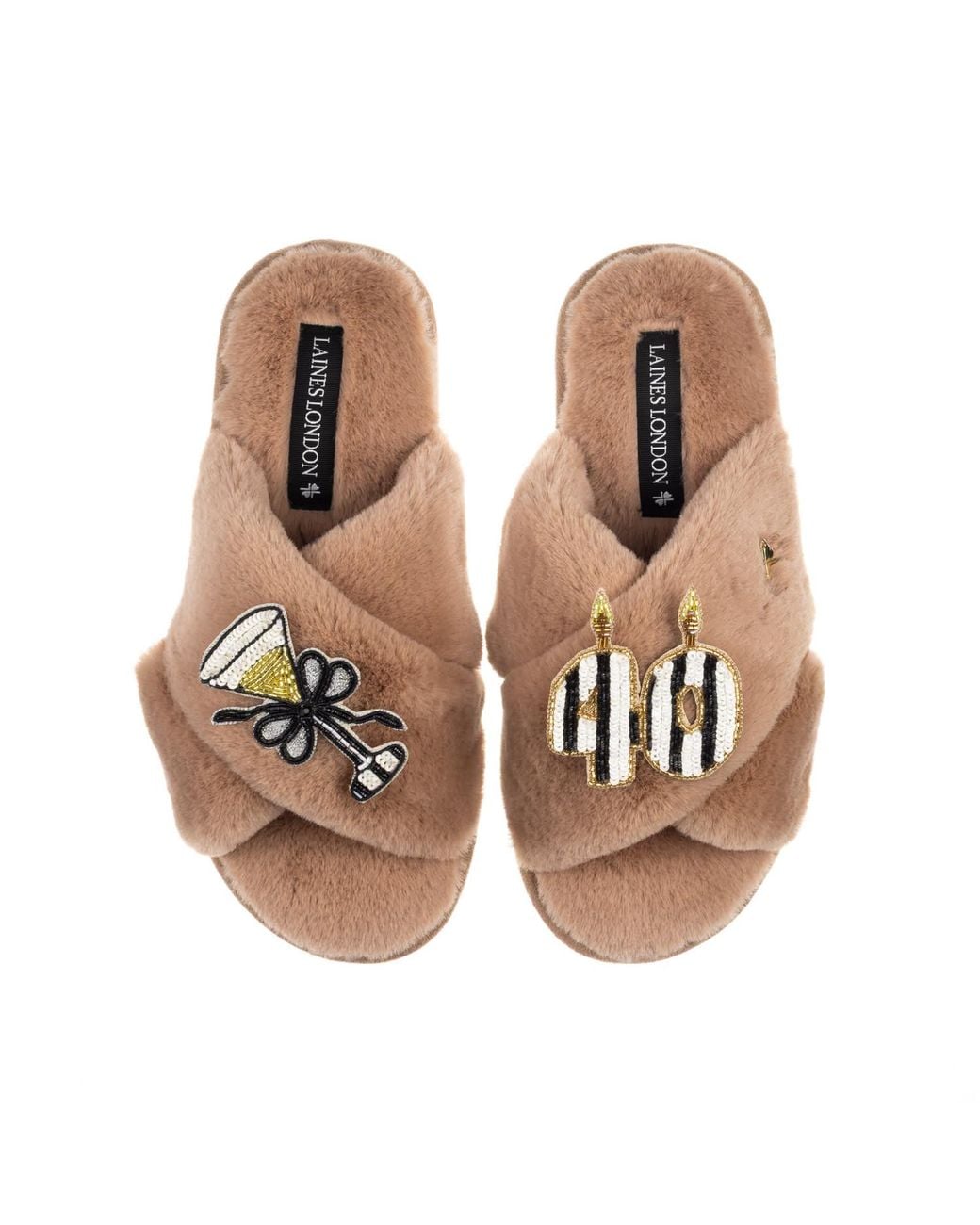 Laines London Brown Classic Laines Slippers With Stripe 40Th Birthday & Glass Of Champagne Brooches