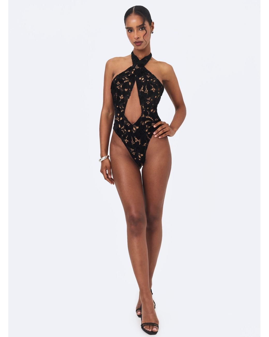 Miss Circle New York Black Breanna Velvet Lace Crossover Halter Swimsuit