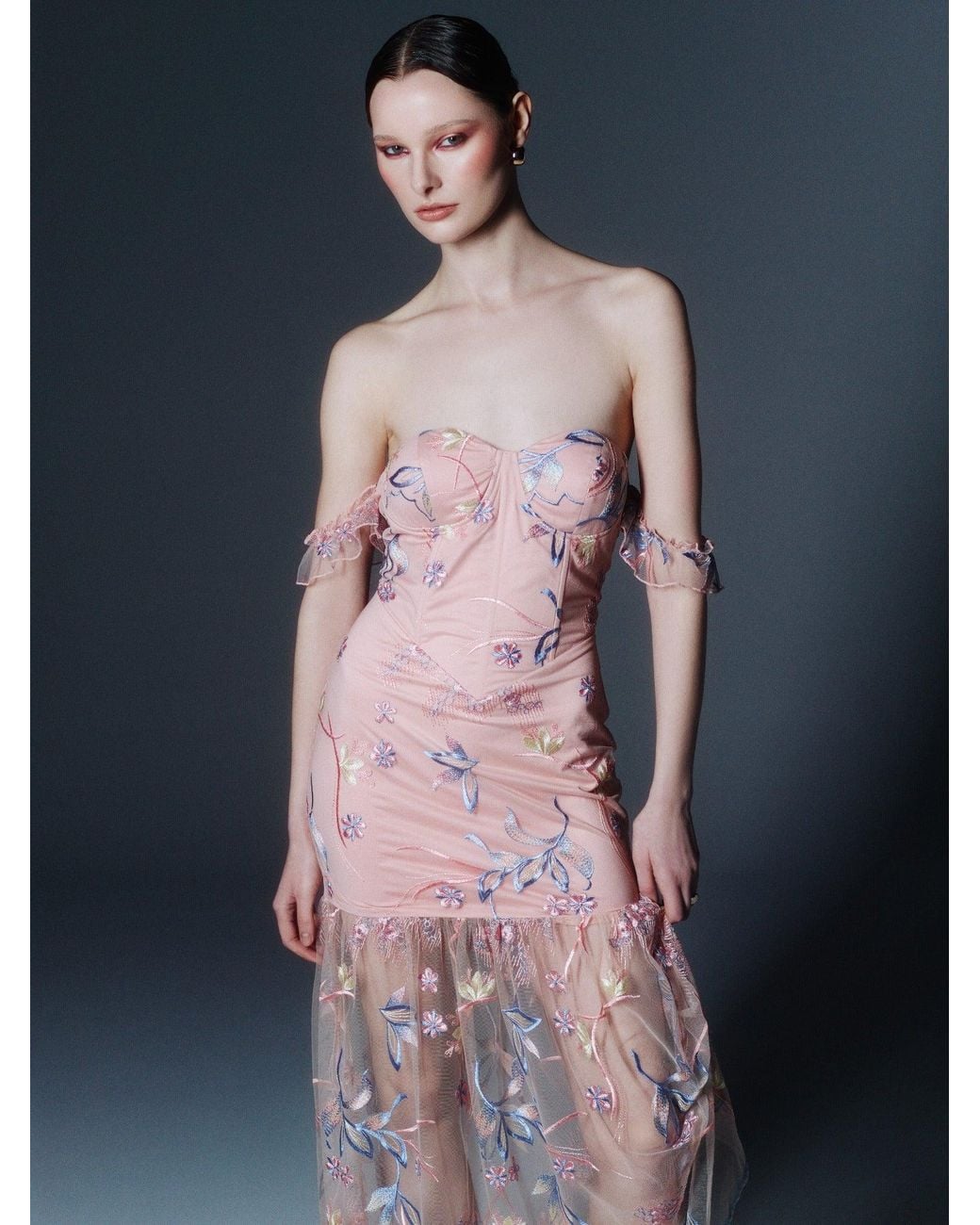 Sour Figs Pink Floral-Embroidered Bustier Maxi Dress