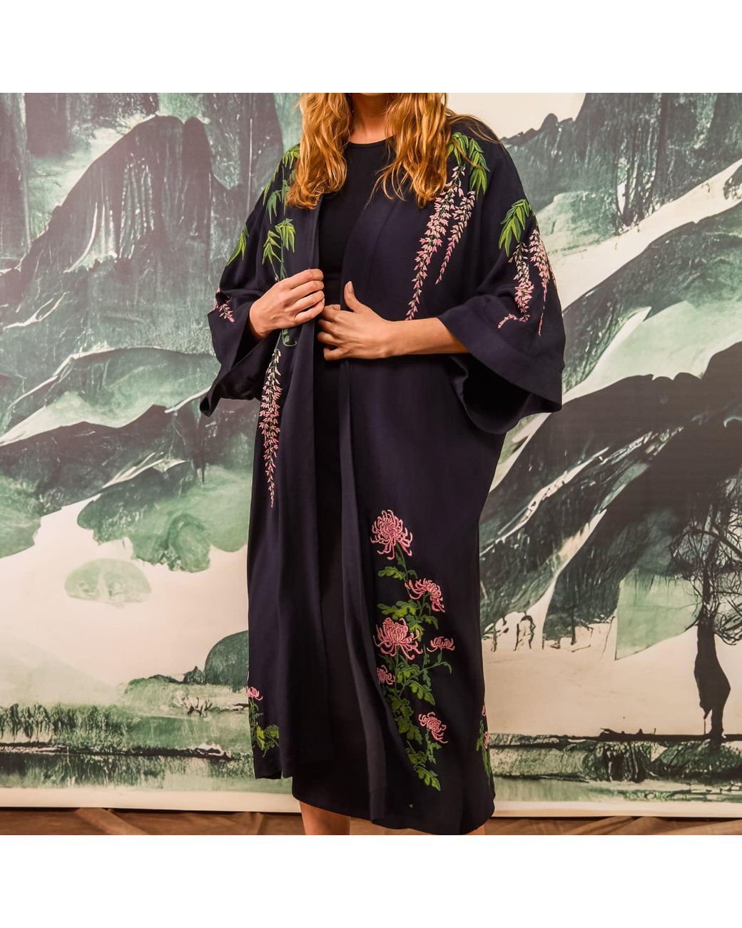 Artemis Muse Black Wisteria & Chrysanthemum Embroidered & Fully Lined Long Kimono