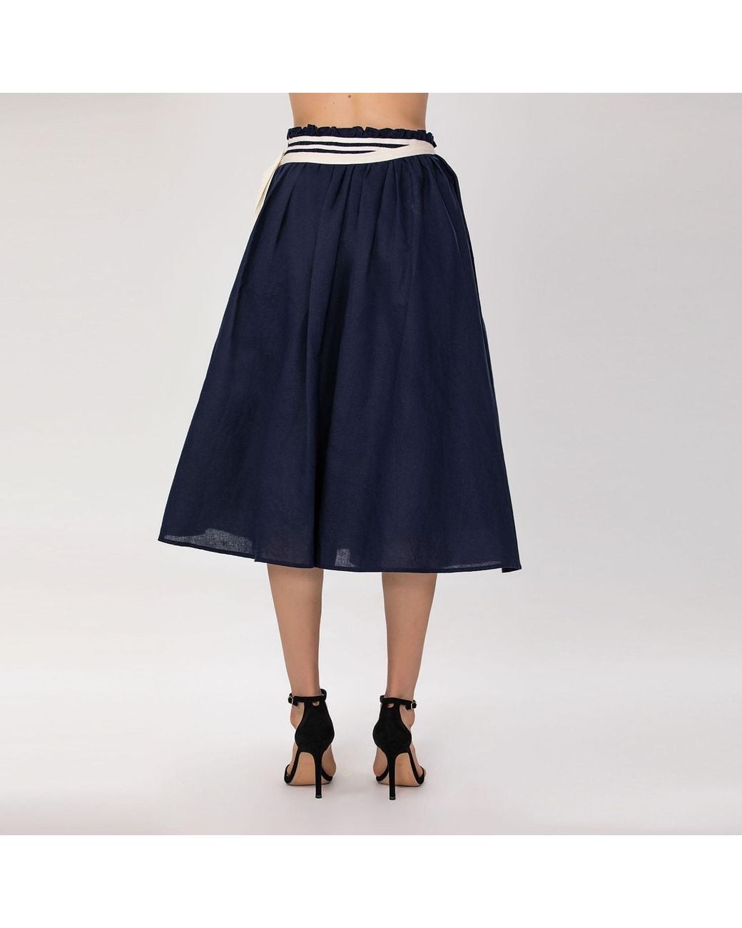 Smart and Joy Blue Flared Linen Midi Skirt