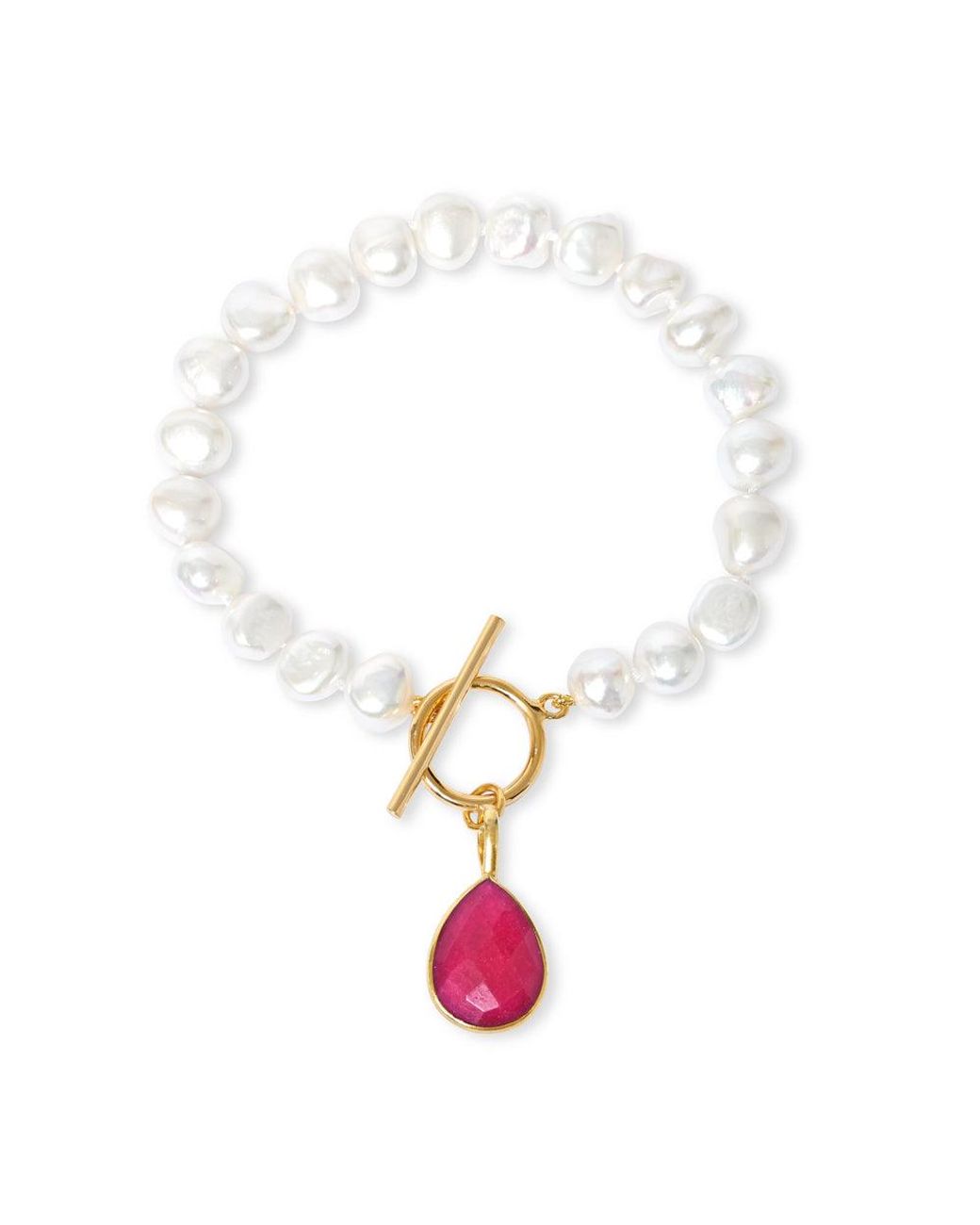 Pearls of the Orient Online White Clara Cultured Freshwater Pearl Bracelet With A Ruby Quartz Drop Pendant