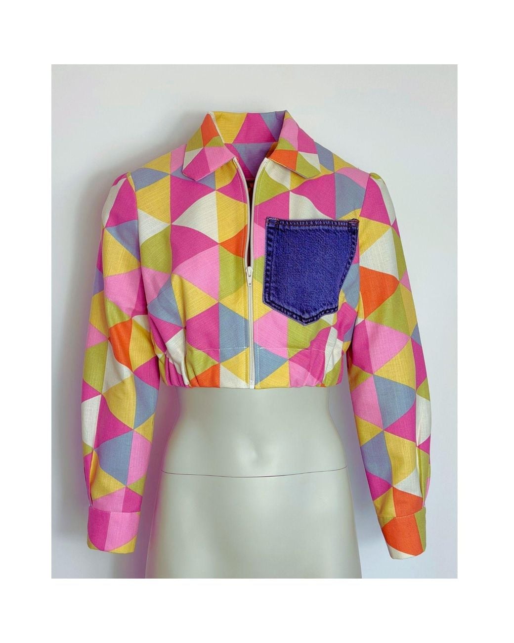 Couture to Your Door Pink Pastel Geometric Upcycled Cropped Jacket
