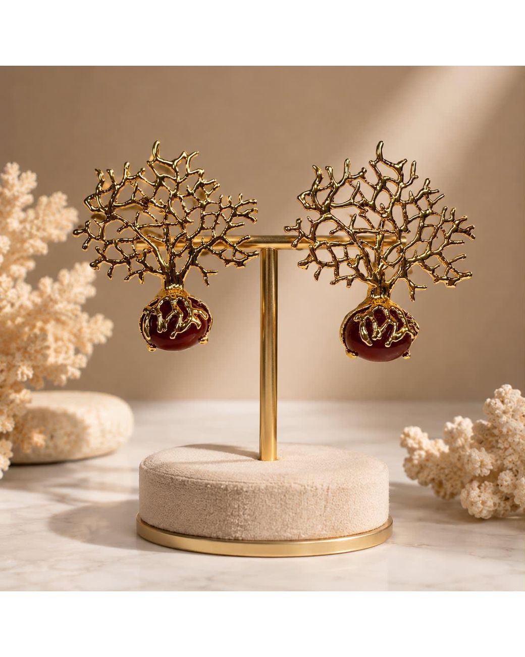 By Ozge Metallic Roots Of Vitality Natural Agate Tree Of Life Plated Earrings