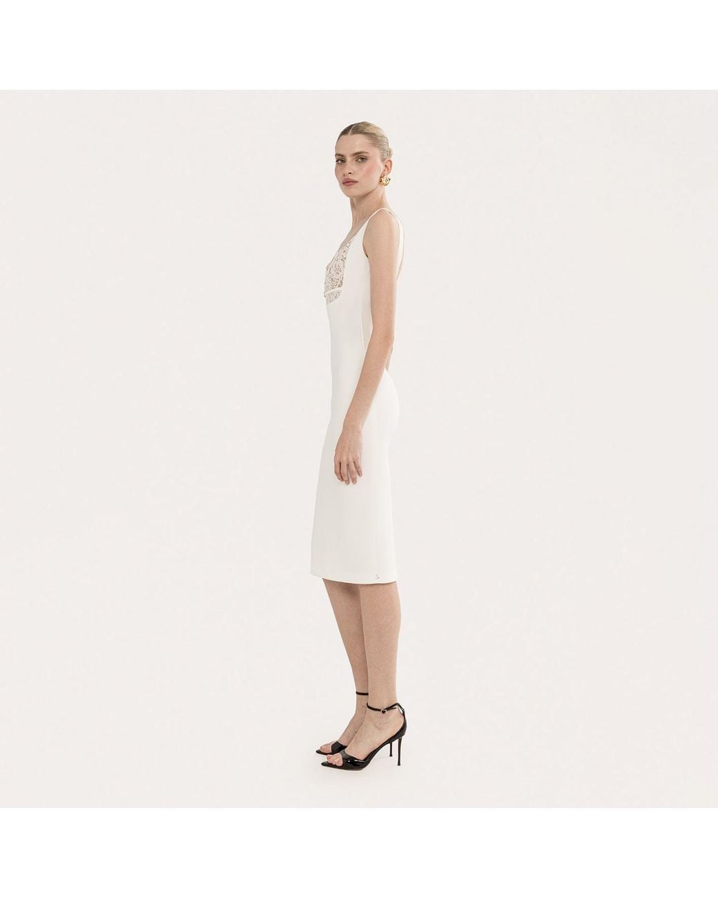 Nissa White Lace-Detail Crepe Midi Dress