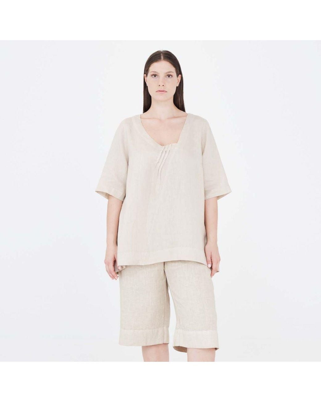 Haris Cotton Natural Neutrals Asymmetric Neck Linen Blouse With Pleates