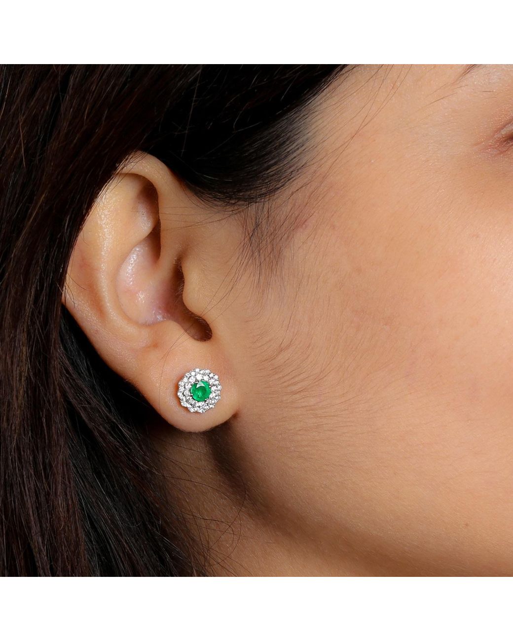 Artisan Multicolor Natural Emerald Pave Diamond Stud Earrings 14k White Gold Jewelry