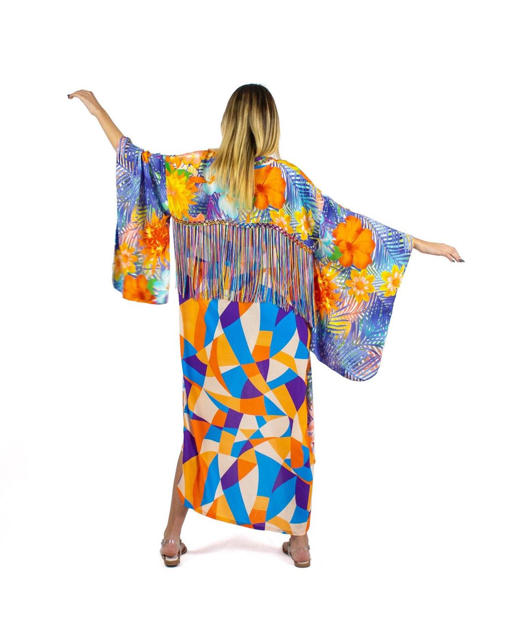 Lalipop Design Orange Viscose Kimono With Embroidery & Fringe Details