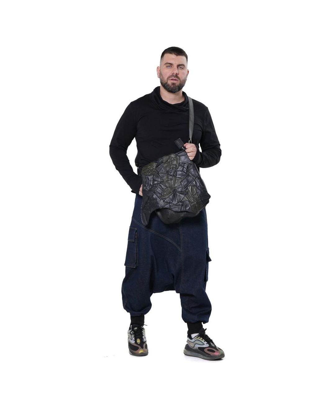 Metamorph Black Leather Patchwork Crossbody Bag for men