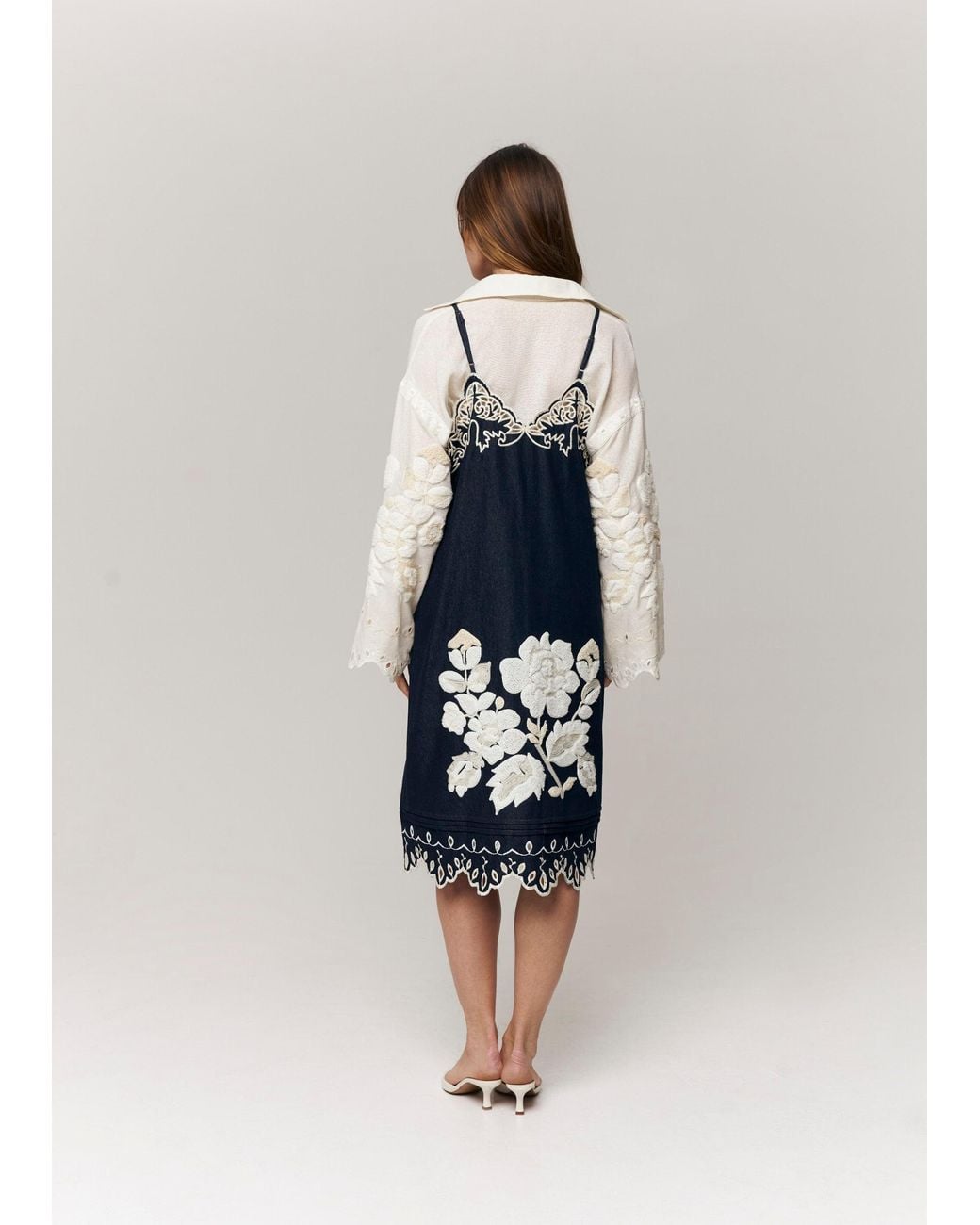 Annabo Blue Amber Rose Embroidered Denim Midi Sundress