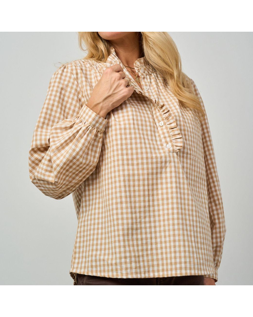 Luella Fashion Multicolor Neutrals Braemar Cotton Blouse Stone Gingham Pattern