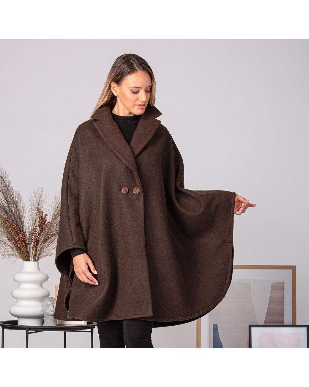 Nikka Place Brown Oversize Wool Cloak Coat With Pockets