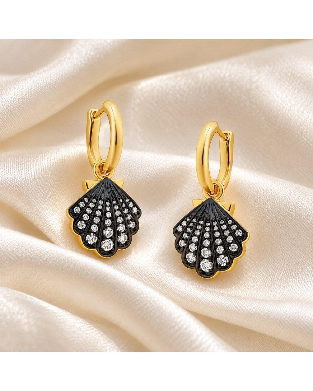 Artisan Metallic 14K Diamond Seashell Drop Hoop Earrings