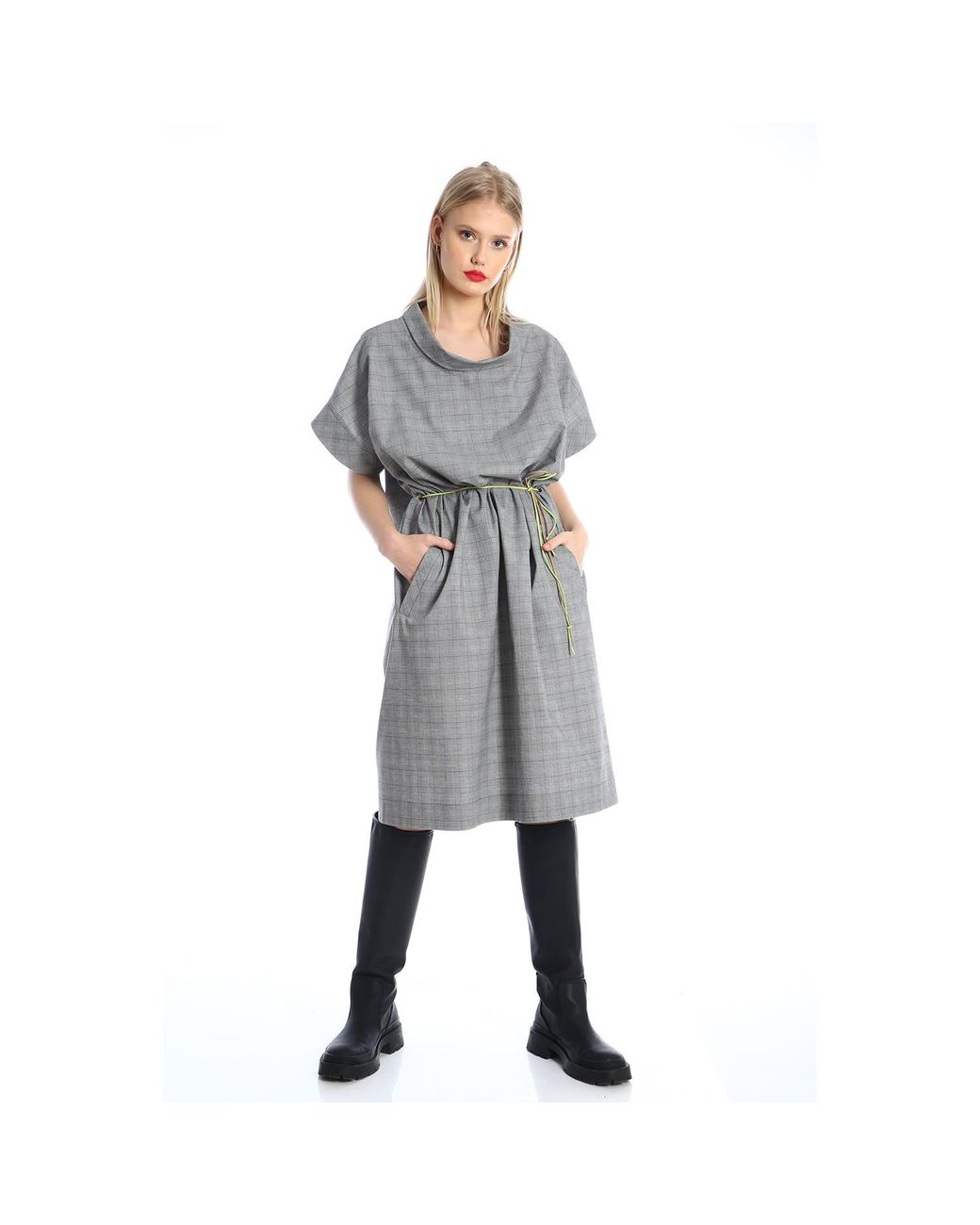 Silvia Serban Gray Oversized Checkered Dress