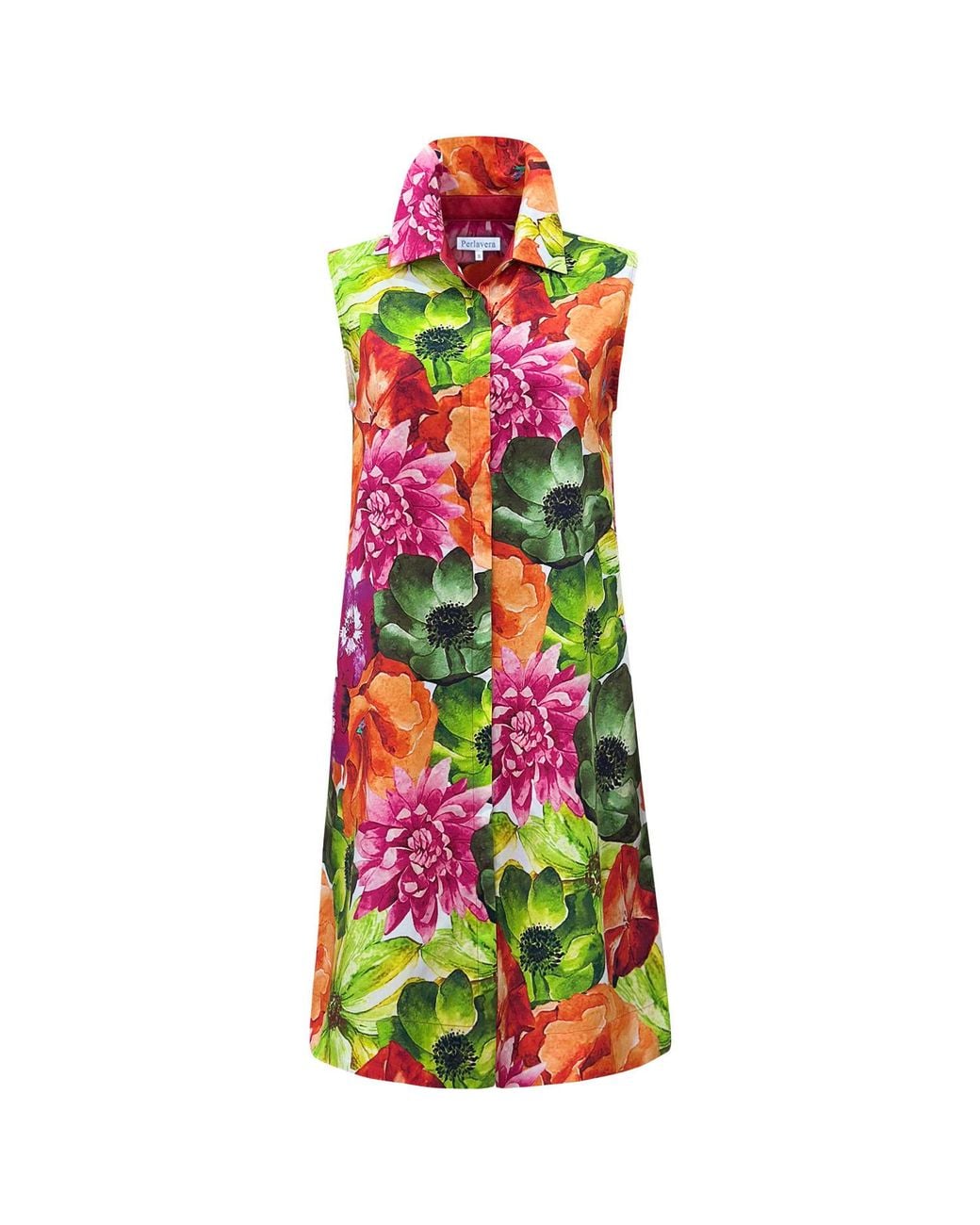 Perlavera Green Clare Giant Flower Printed Cotton Satin Sleeveless Printed Missy Fit Midi Dress