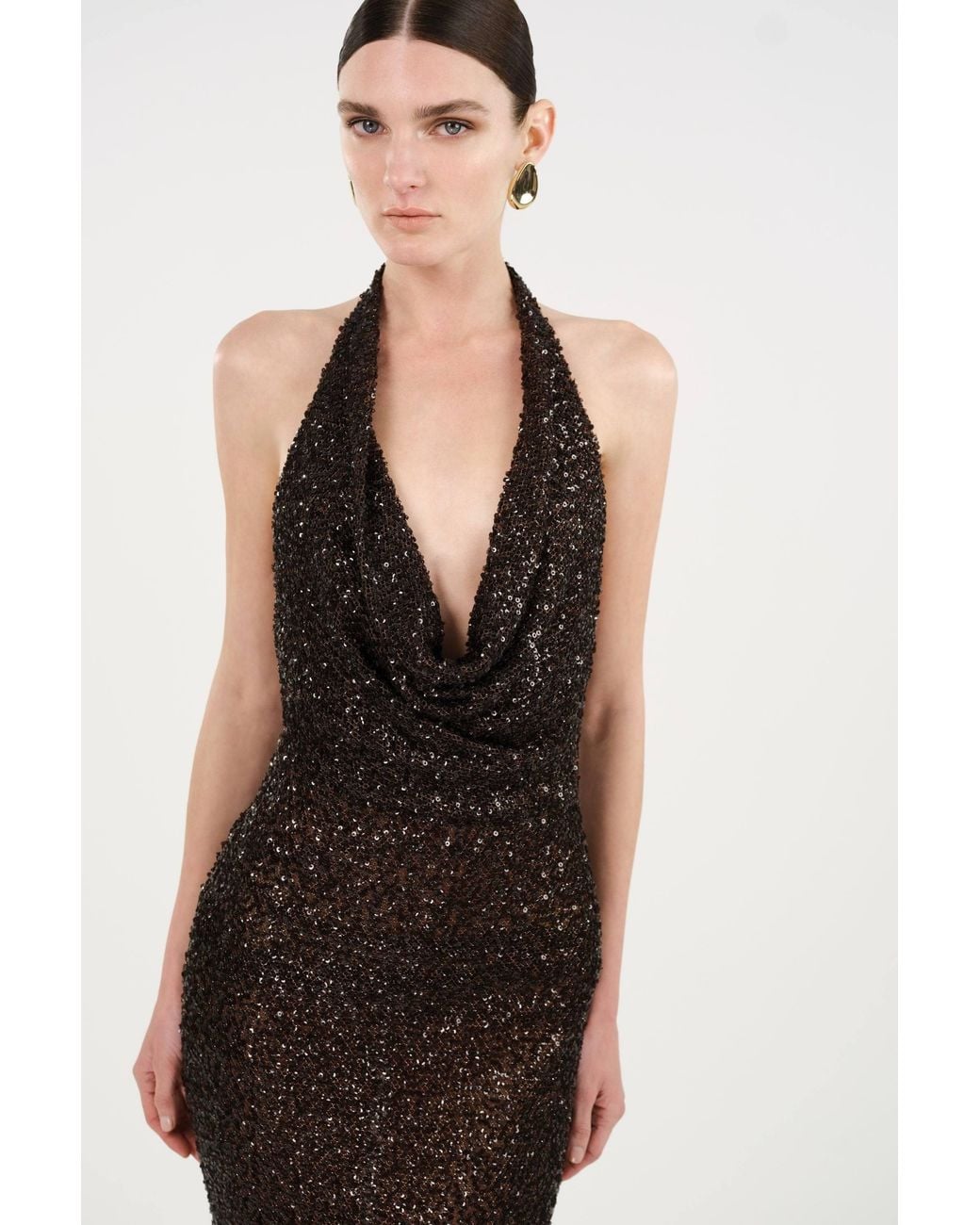 Nocturne Brown Off-Shoulder Sequin Embellished Maxi Dress