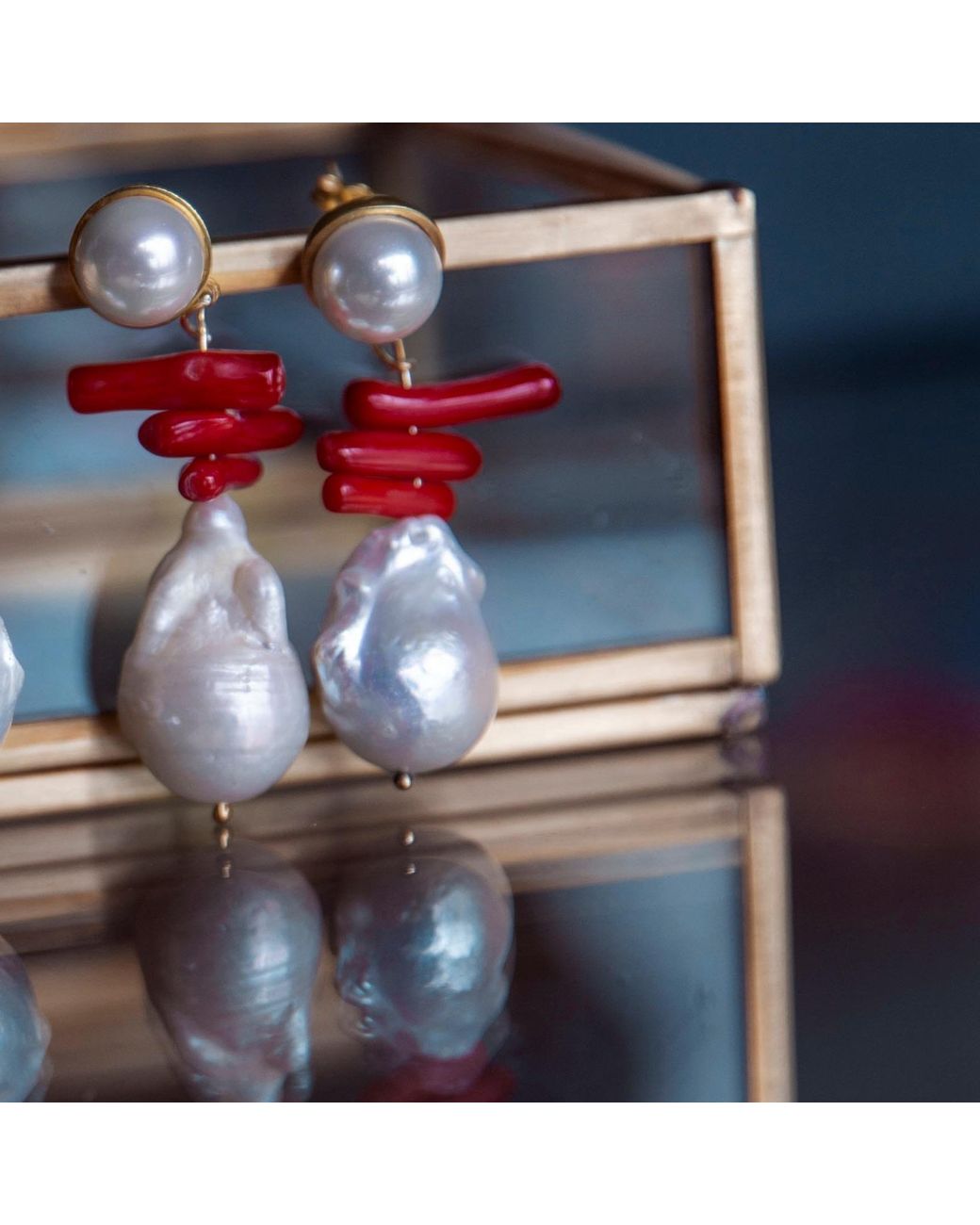 LINYA JEWELLERY Red Coral Baroque Pearl Earrings