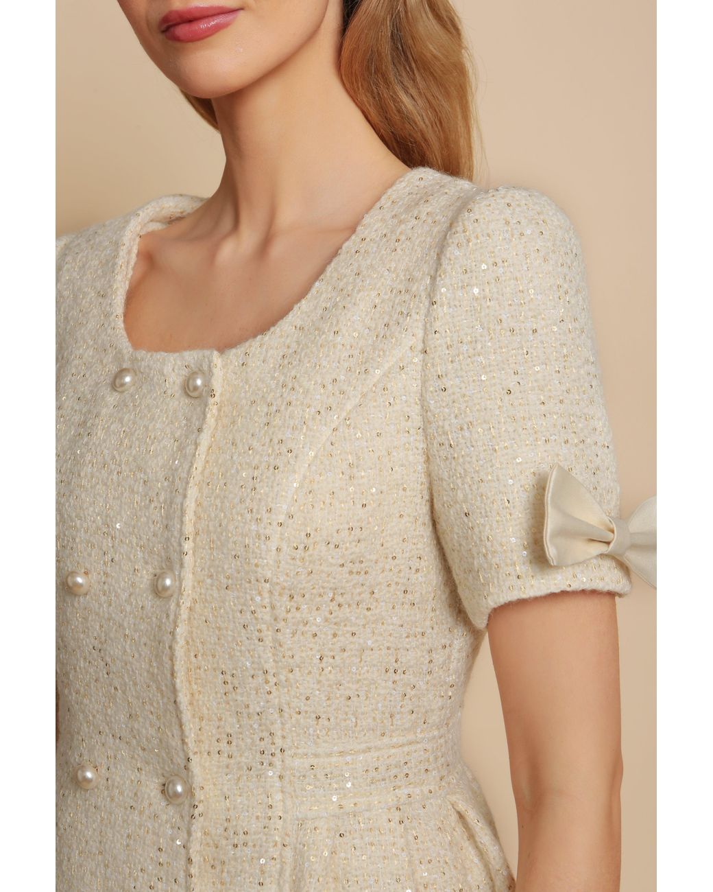Santinni Natural Golden Age Wool Tweed Dress Coat