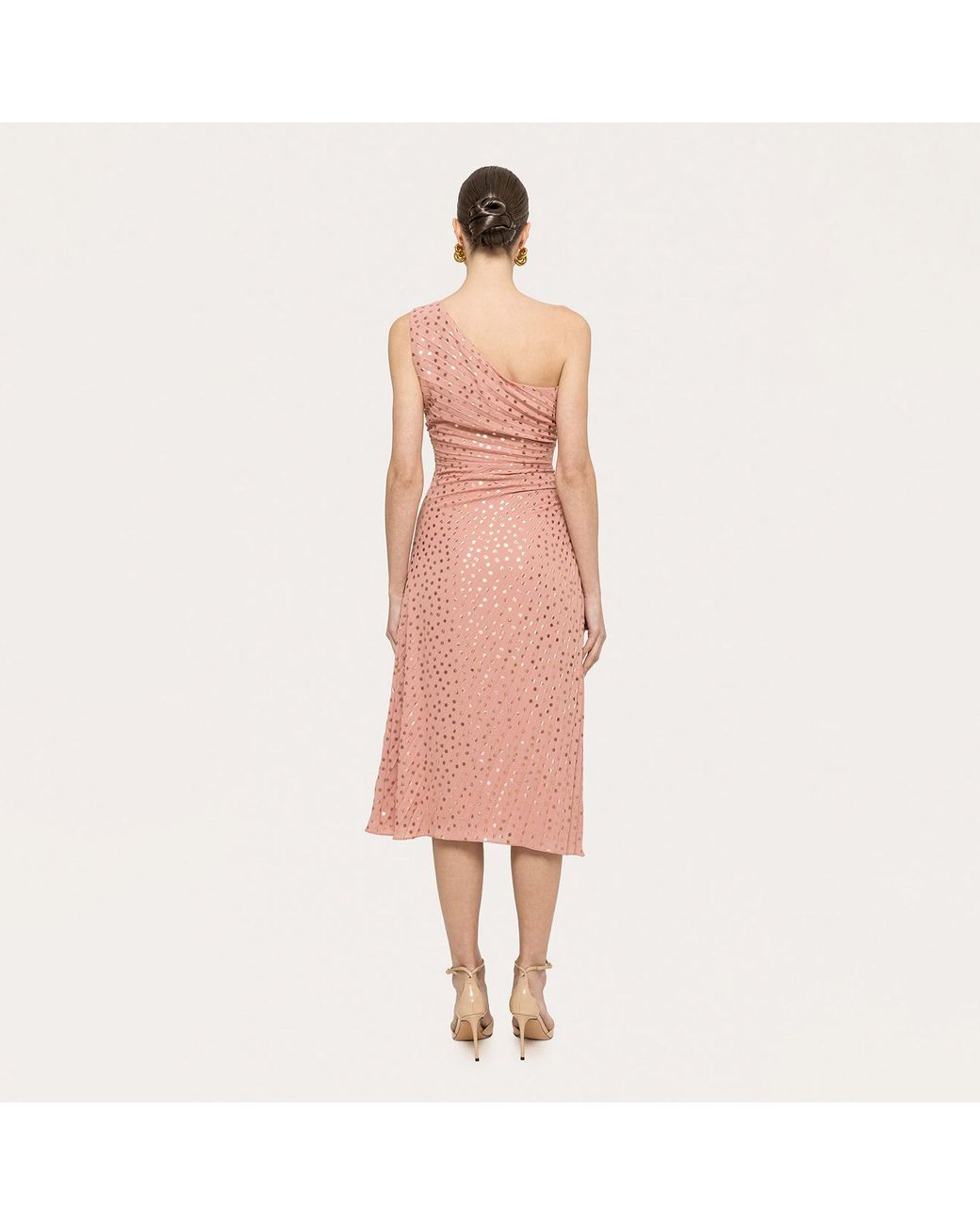 Nissa Pink Metallic Dot Pleated Midi Dress