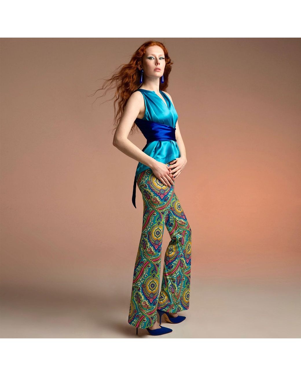 Beatrice von Tresckow Blue Riviera Paisley Wide Stretch Flare Trousers