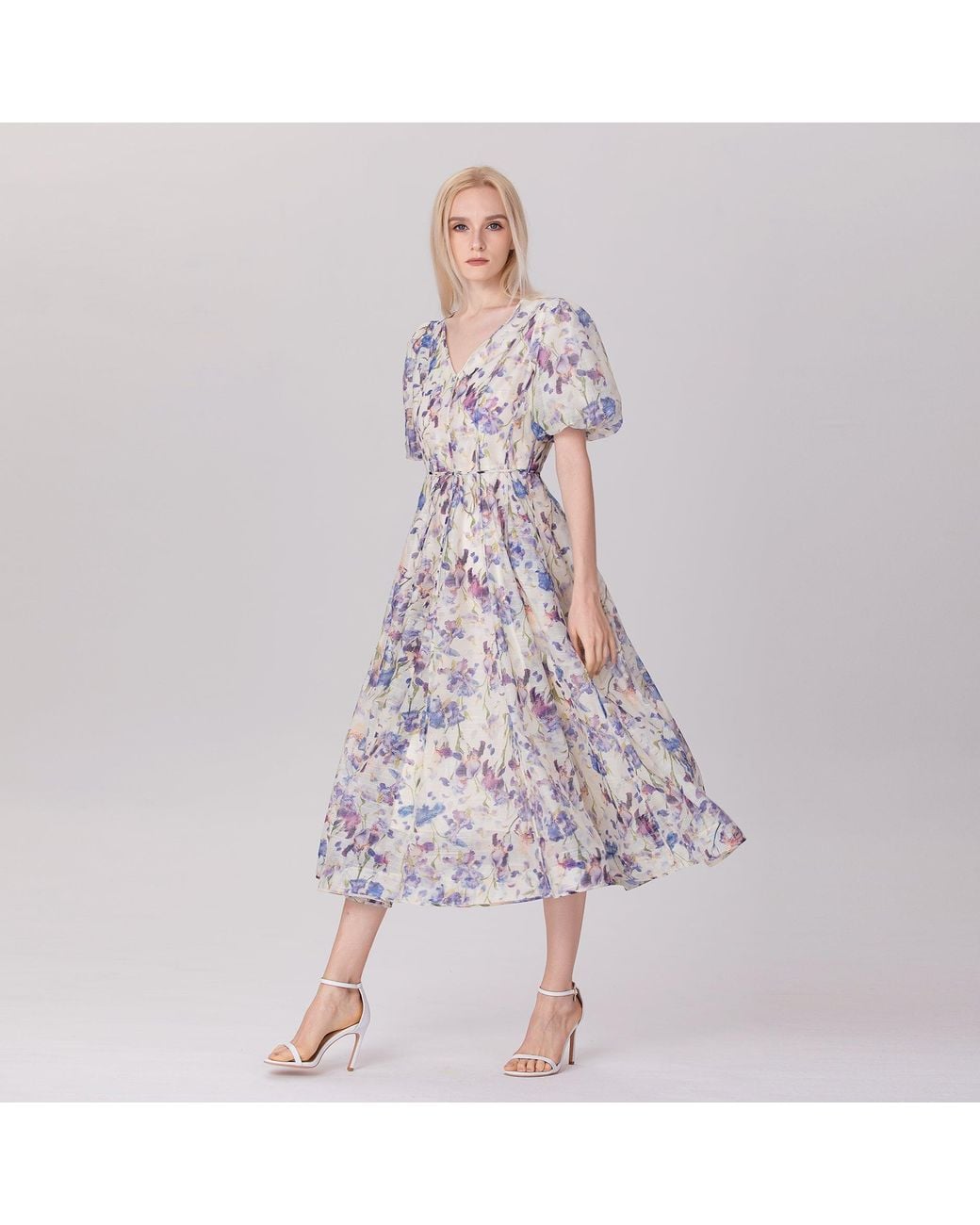 Smart and Joy Multicolor Neutrals Flower Print Fit-And-Flare Tea Organza Dress