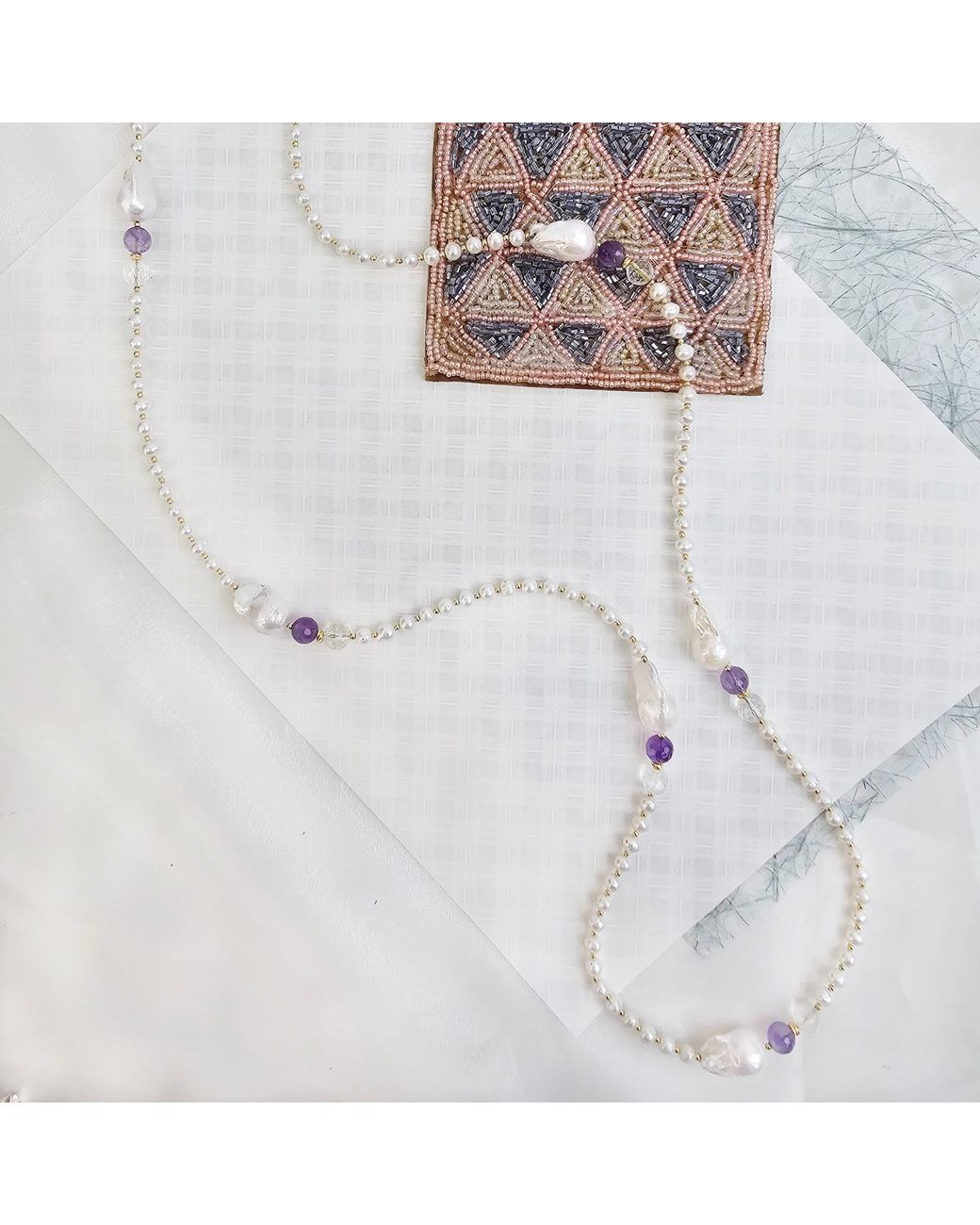 Farra White Baroque Pearls With Amethyst Long Necklace