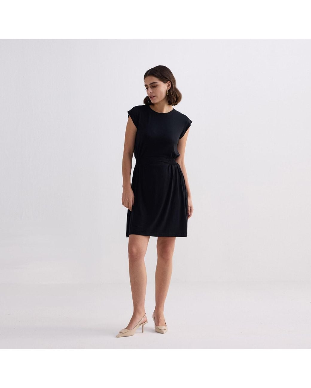 REISTOR Black Short Dress With Smocking Side Detail
