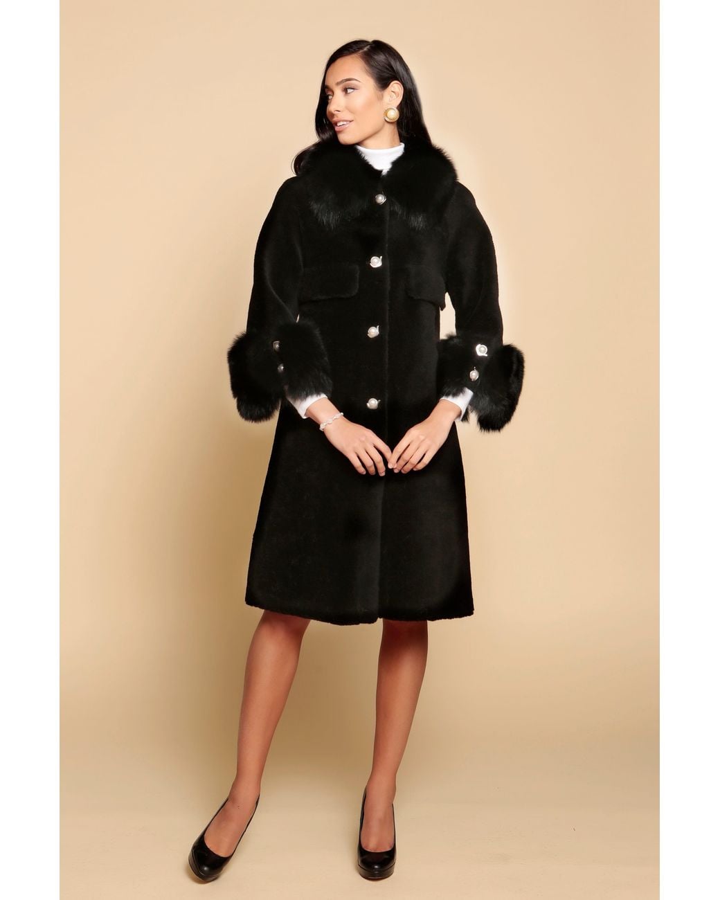 Santinni Black Hayworth Wool & Faux Fur Coat