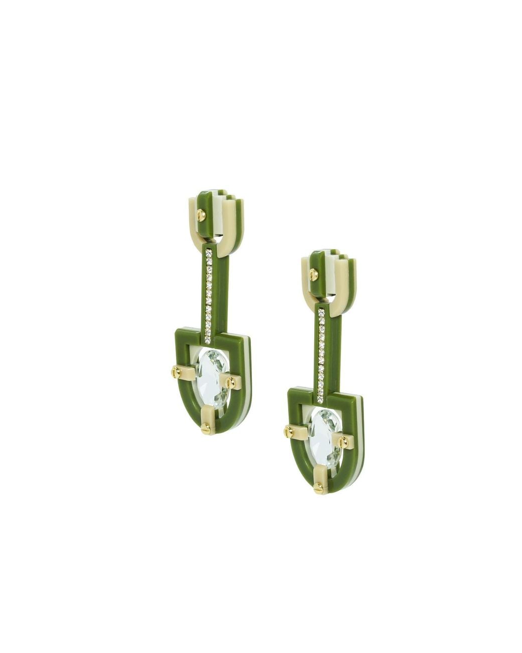 Gissa Bicalho Green Handmade Acrylic Earring Long Oval Cut Stone Clay