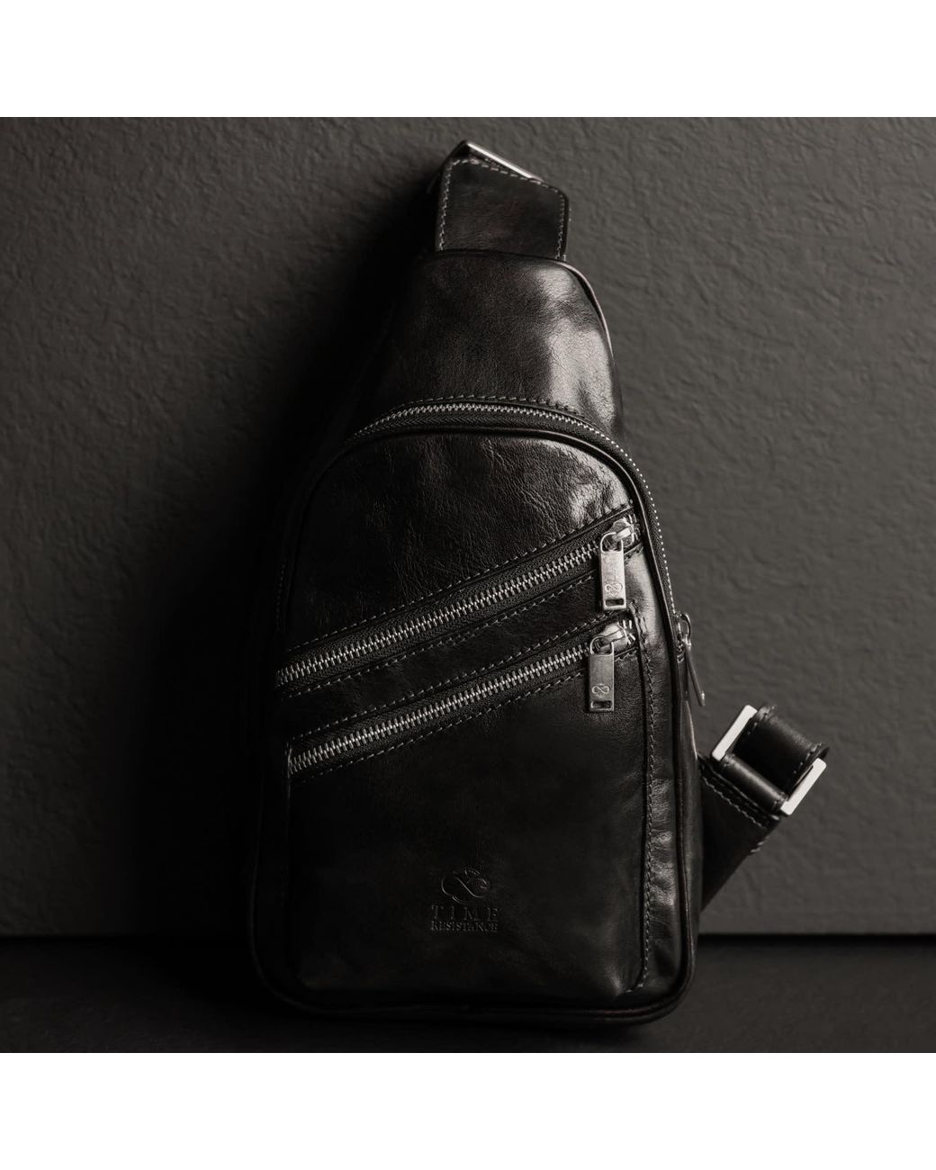 Time Resistance Black Leather Sling Bag for men